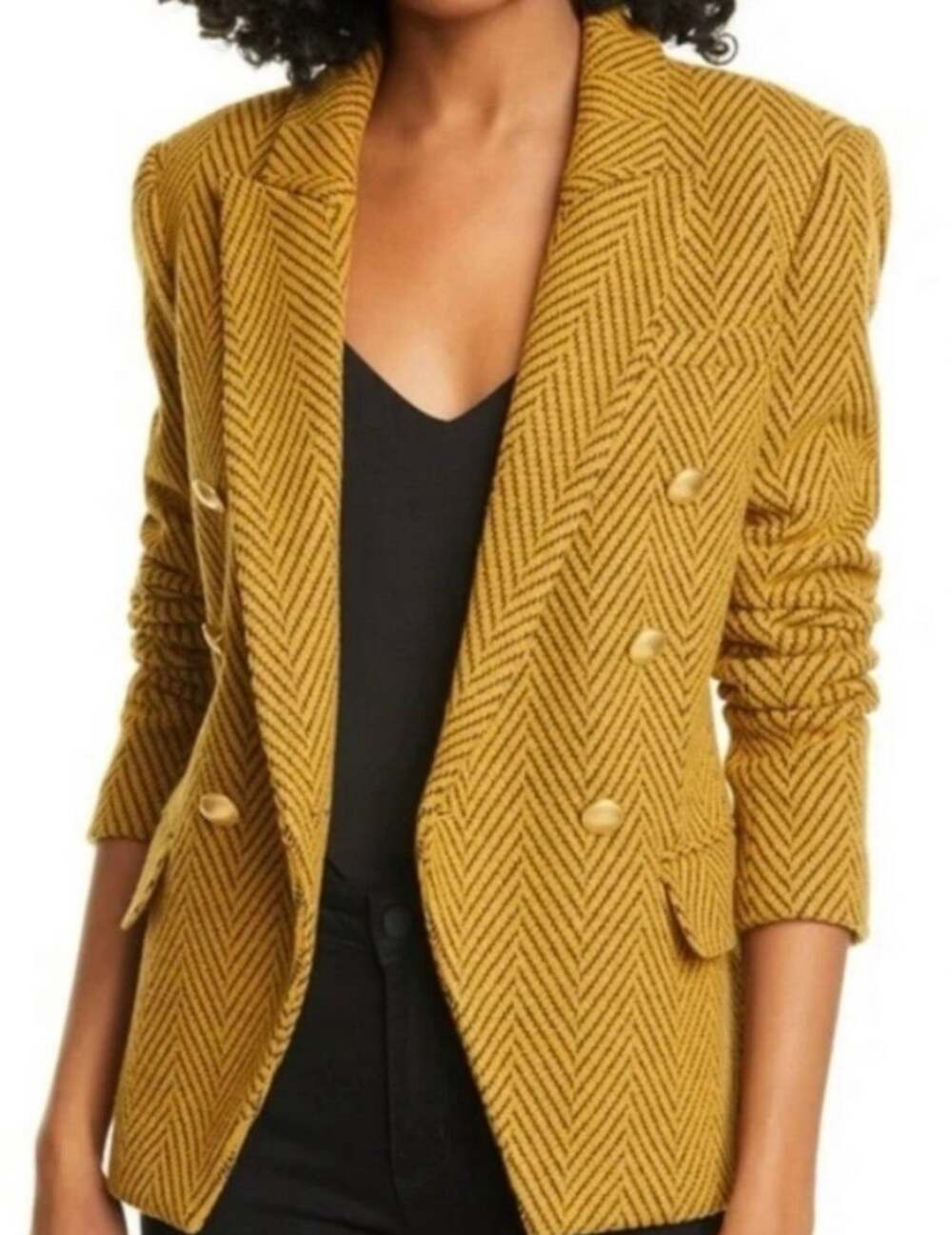 L'Agence Kenzie Double-Breasted Designer Blazer in Gold Multi Chevron Tweed